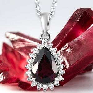 NWT NATURAL GARNET & WHITE ZIRCON PENDANT NECKLACE IN PLATINUM OVER .925